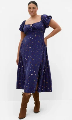 Abbie Short Sleeve Ditsy Print Maxi Dress - navy