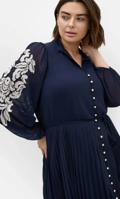 Adorn Sleeve Pleat Midi Dress - navy