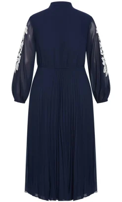 Adorn Sleeve Pleat Midi Dress - navy