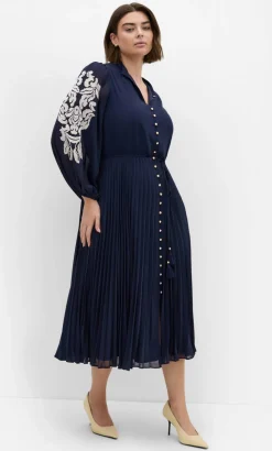 Adorn Sleeve Pleat Midi Dress - navy