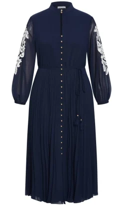 Adorn Sleeve Pleat Midi Dress - navy