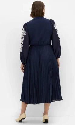 Adorn Sleeve Pleat Midi Dress - navy