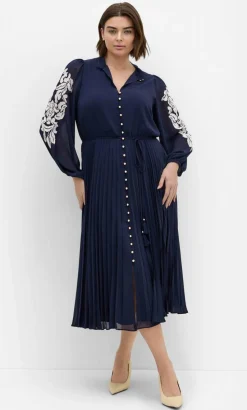 Adorn Sleeve Pleat Midi Dress - navy
