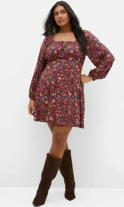 Aire Ditsy Print Long Sleeve Mini Dress - choc cherry
