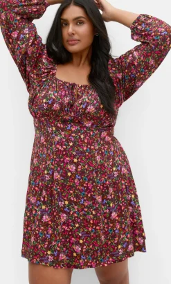Aire Ditsy Print Long Sleeve Mini Dress - choc cherry