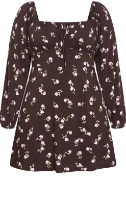 Aire Field Print Long Sleeve Mini Dress - chocolate