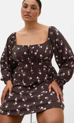 Aire Field Print Long Sleeve Mini Dress - chocolate