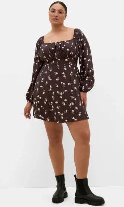 Aire Field Print Long Sleeve Mini Dress - chocolate