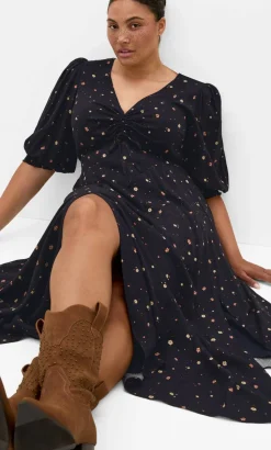 Alisia Elbow Sleeve Ditsy Print Maxi Dress - navy