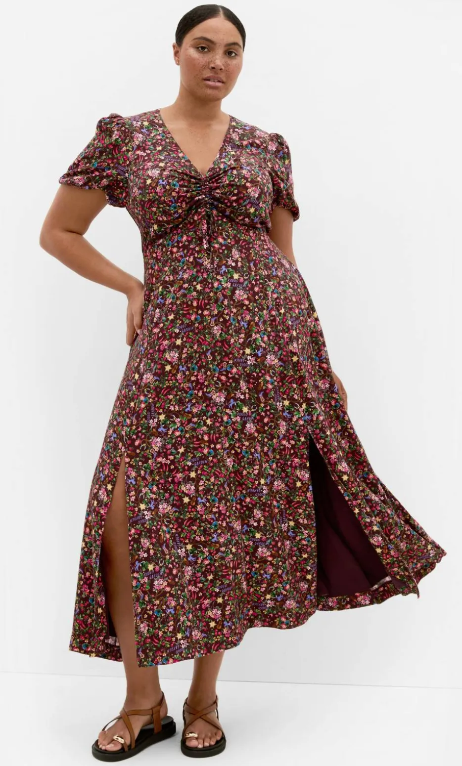 Aliya Ditsy Print Maxi Dress - burgundy