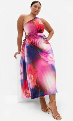 Aliza Firework Print Pleat Maxi Dress - magenta