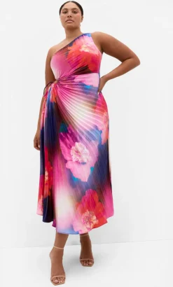 Aliza Firework Print Pleat Maxi Dress - magenta
