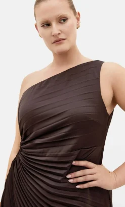 Aliza One Shoulder Pleat Maxi Dress - chocolate