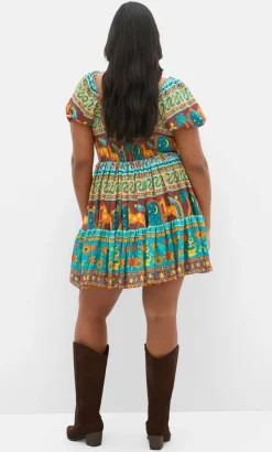 Amaria Print V Neck Mini Dress - alpine green