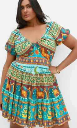 Amaria Print V Neck Mini Dress - alpine green