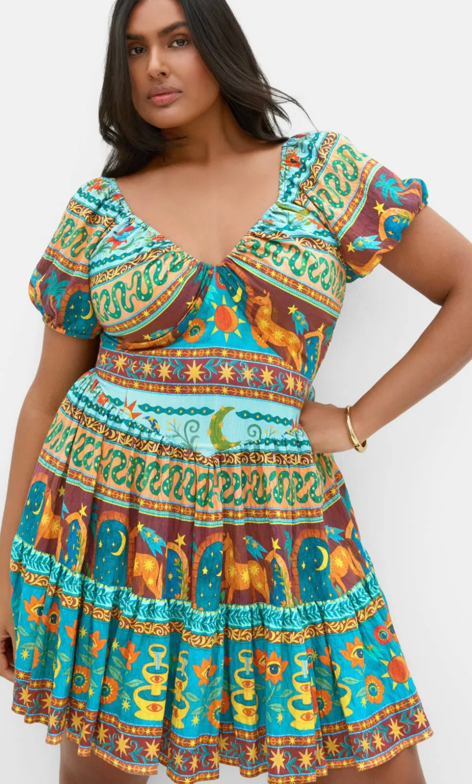 Amaria Print V Neck Mini Dress - alpine green