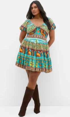 Amaria Print V Neck Mini Dress - alpine green