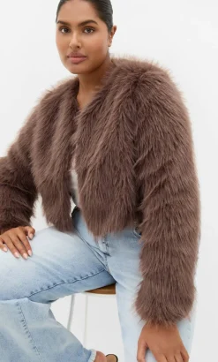 Angelica Faux Fur Crop Jacket - truffle
