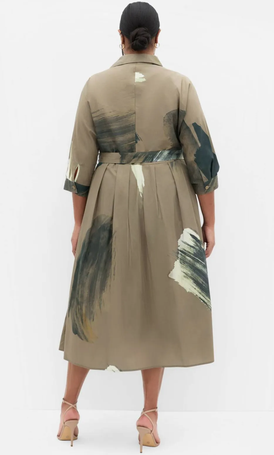 Angel Print Cotton Shirt Dress - khaki