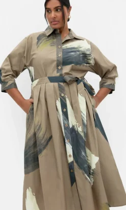 Angel Print Cotton Shirt Dress - khaki