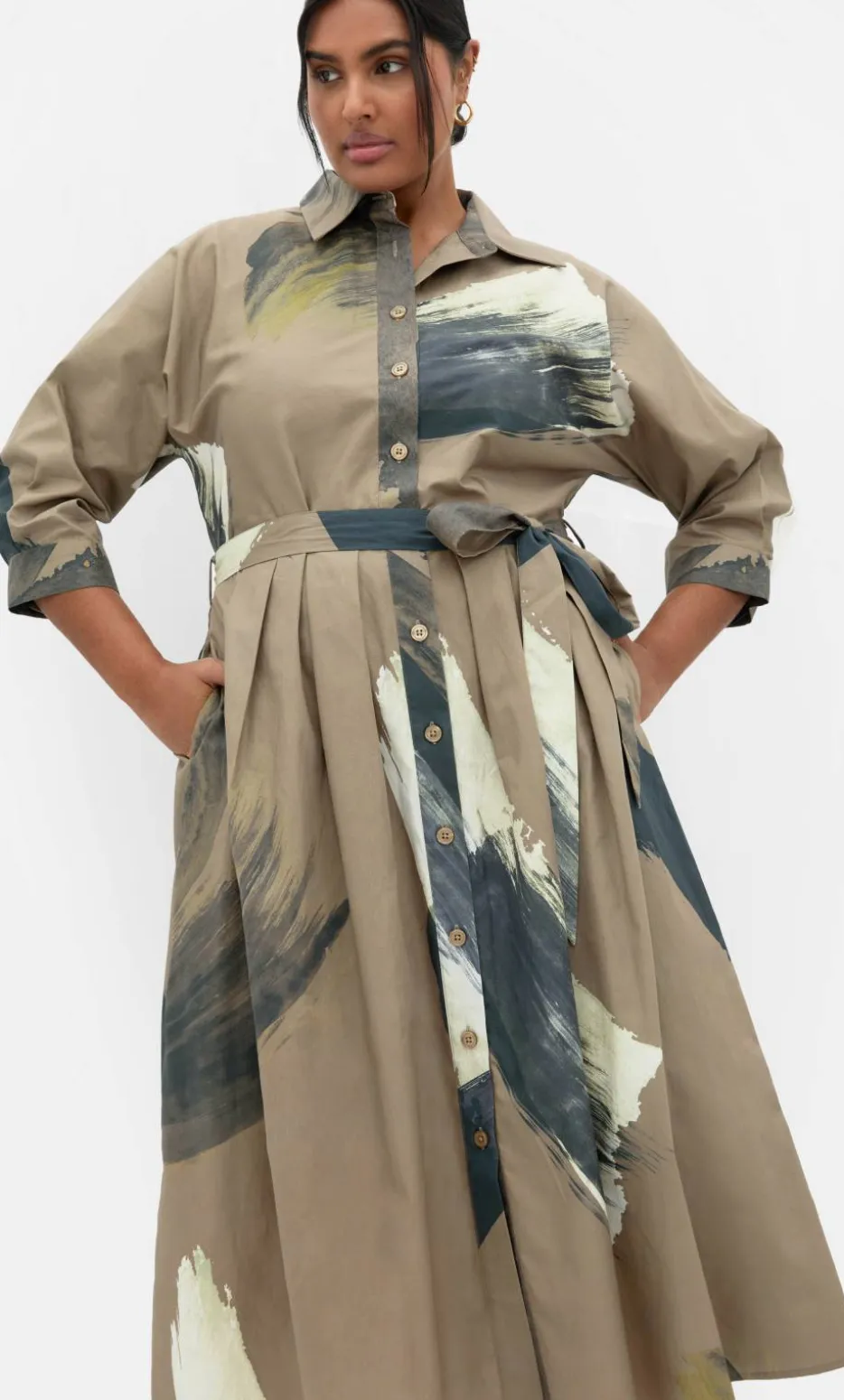 Angel Print Cotton Shirt Dress - khaki