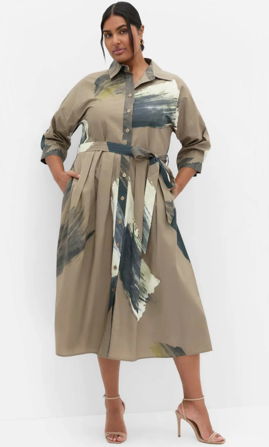 Angel Print Cotton Shirt Dress - khaki