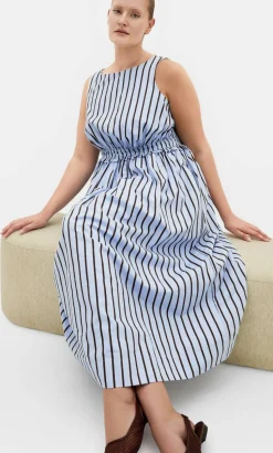 Anna Choc Stripe Cotton Dress - sky blue