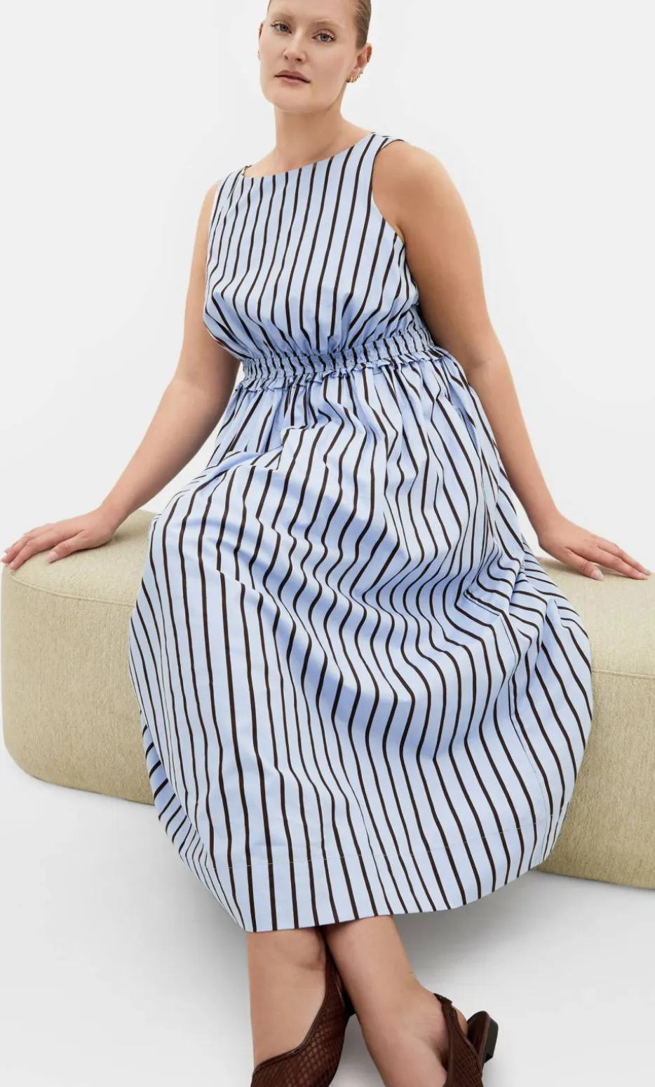 Anna Choc Stripe Cotton Dress - sky blue