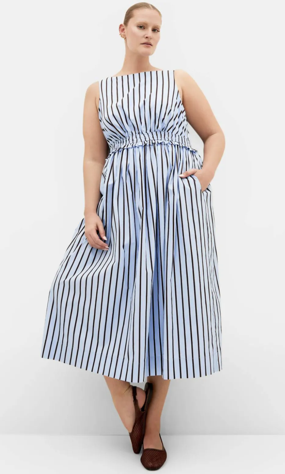 Anna Choc Stripe Cotton Dress - sky blue