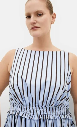 Anna Choc Stripe Cotton Dress - sky blue