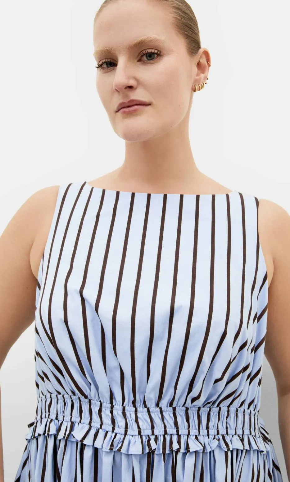 Anna Choc Stripe Cotton Dress - sky blue