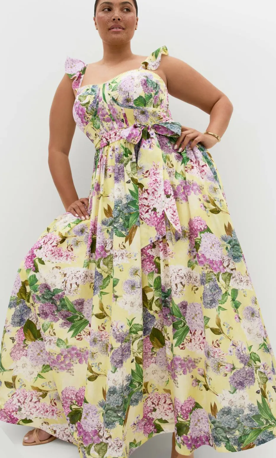 Annika Hydrangea Print Cotton Maxi Dress - lemon