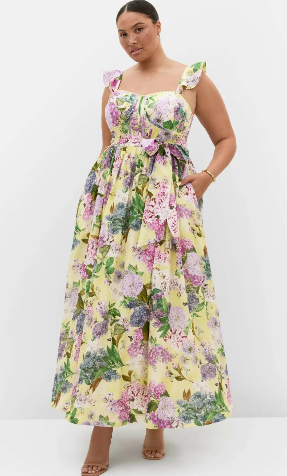 Annika Hydrangea Print Cotton Maxi Dress - lemon