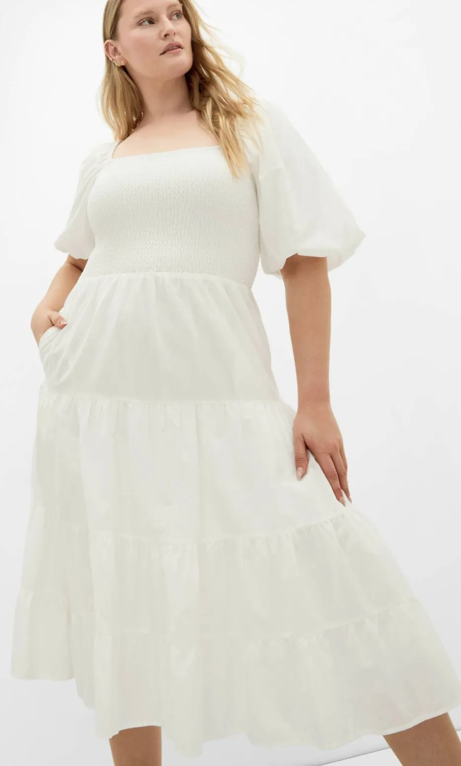 Ariella Puff Sleeve Midi Dress - ivory