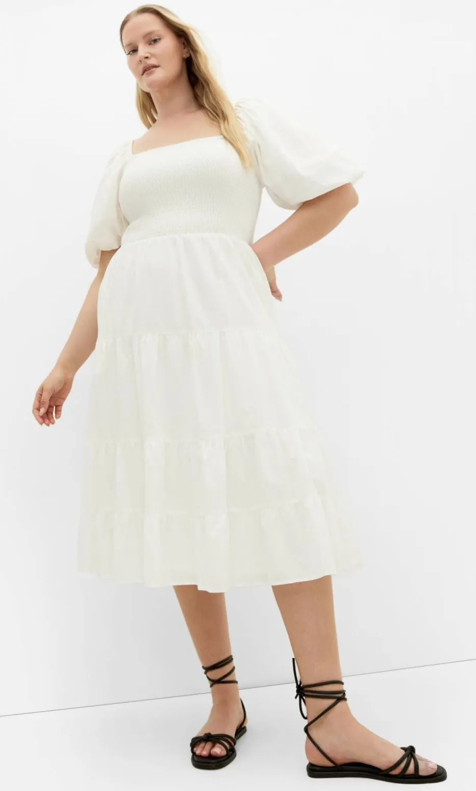 Ariella Puff Sleeve Midi Dress - ivory