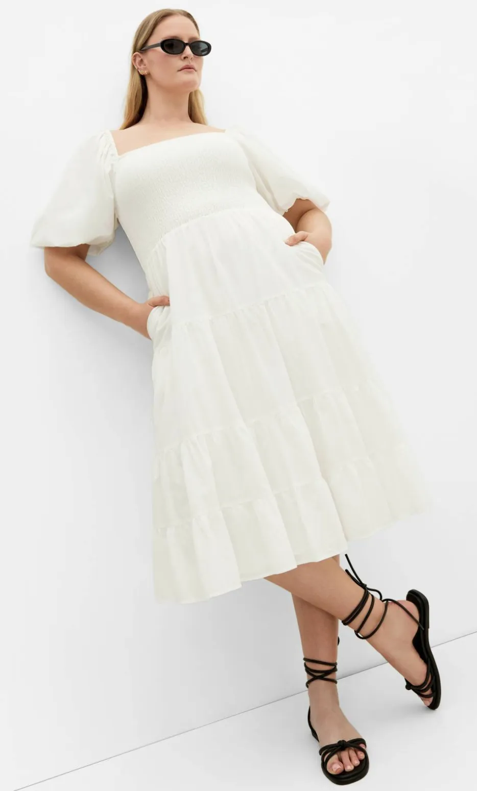 Ariella Puff Sleeve Midi Dress - ivory