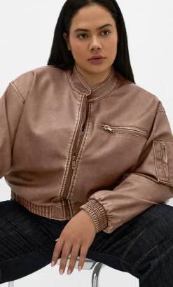Blaze Faux Leather Bomber Jacket - chestnut