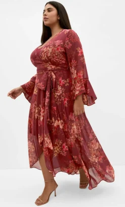 Bloom Print Wrap Maxi Dress - rust