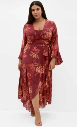 Bloom Print Wrap Maxi Dress - rust