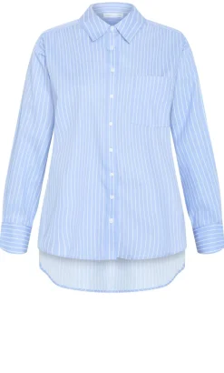 Chiara Oversized Longline Stripe Cotton Shirt - sky blue