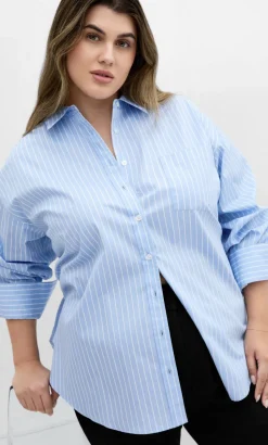 Chiara Oversized Longline Stripe Cotton Shirt - sky blue