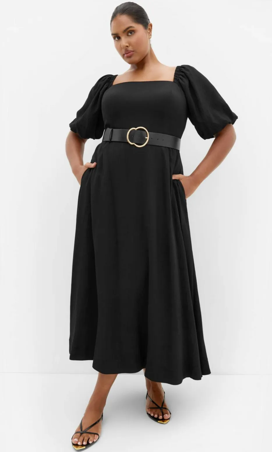 Collins Puff Sleeve Belted Maxi Dress - black