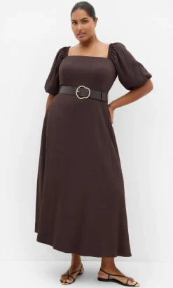 Collins Puff Sleeve Belted Maxi Dress - dark chocolate