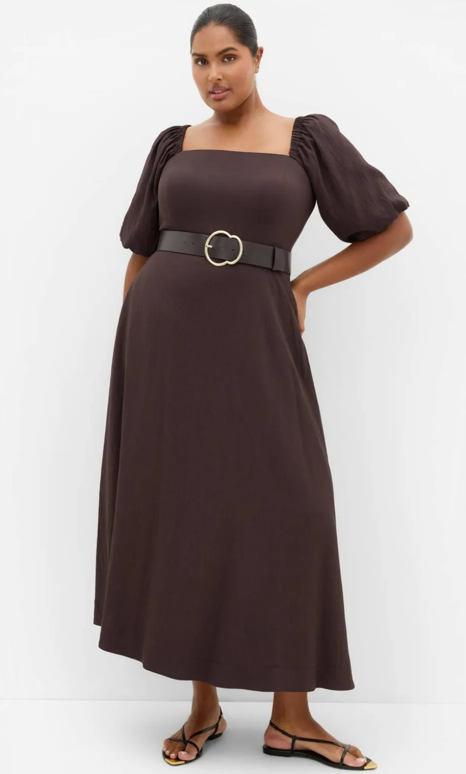 Collins Puff Sleeve Belted Maxi Dress - dark chocolate