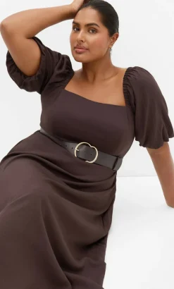 Collins Puff Sleeve Belted Maxi Dress - dark chocolate