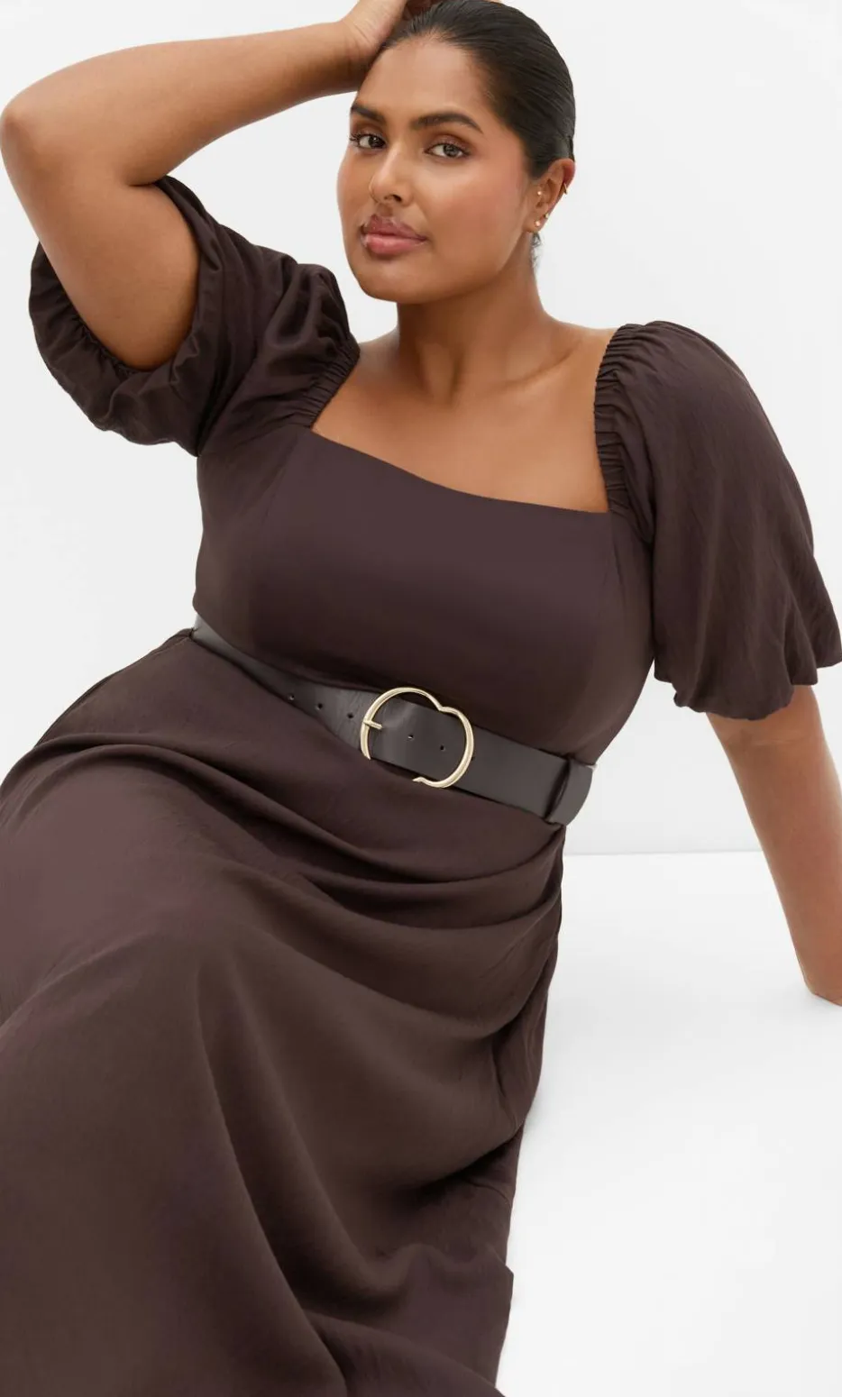 Collins Puff Sleeve Belted Maxi Dress - dark chocolate