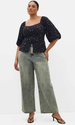 Daydreamer Elbow Sleeve Ditsy Print Top - navy