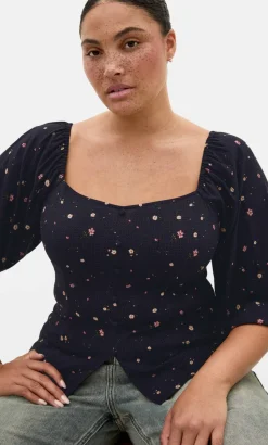 Daydreamer Elbow Sleeve Ditsy Print Top - navy