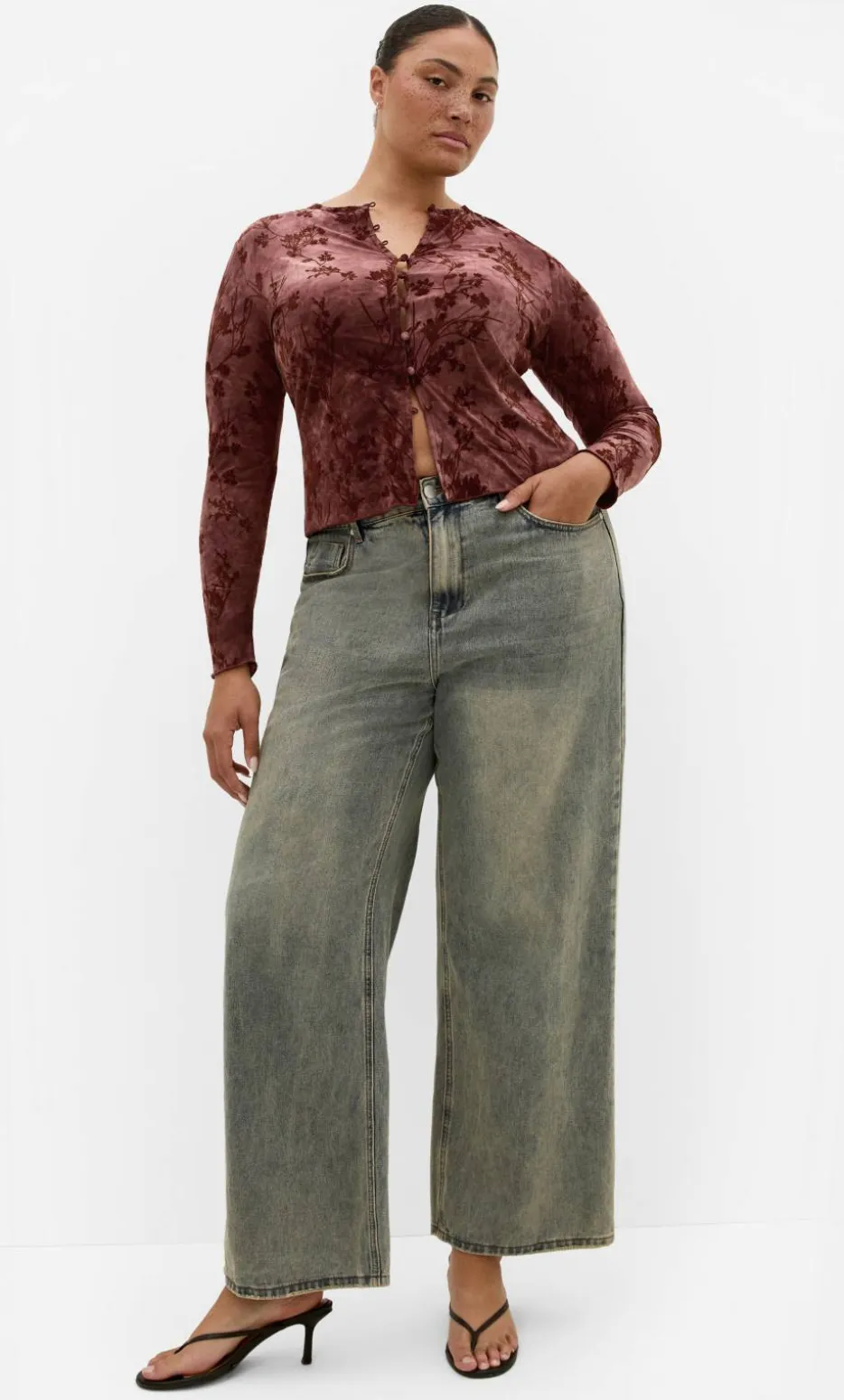 Devore Flock Print Top - choc cherry