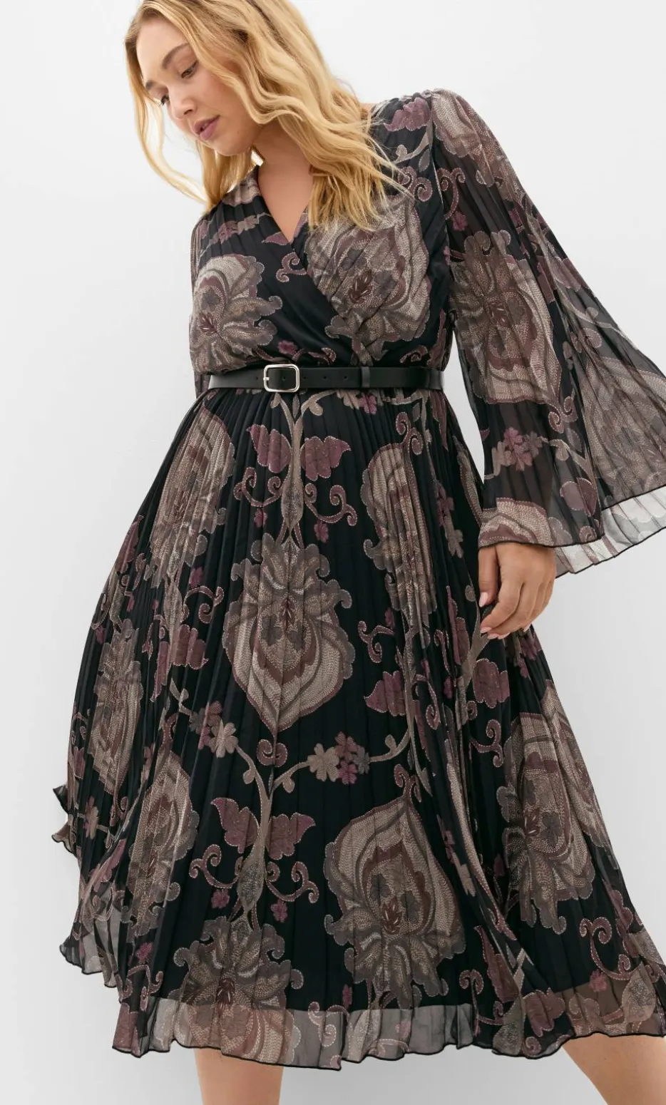 Eloise Pleat Belted Midi Dress - dark chocolate